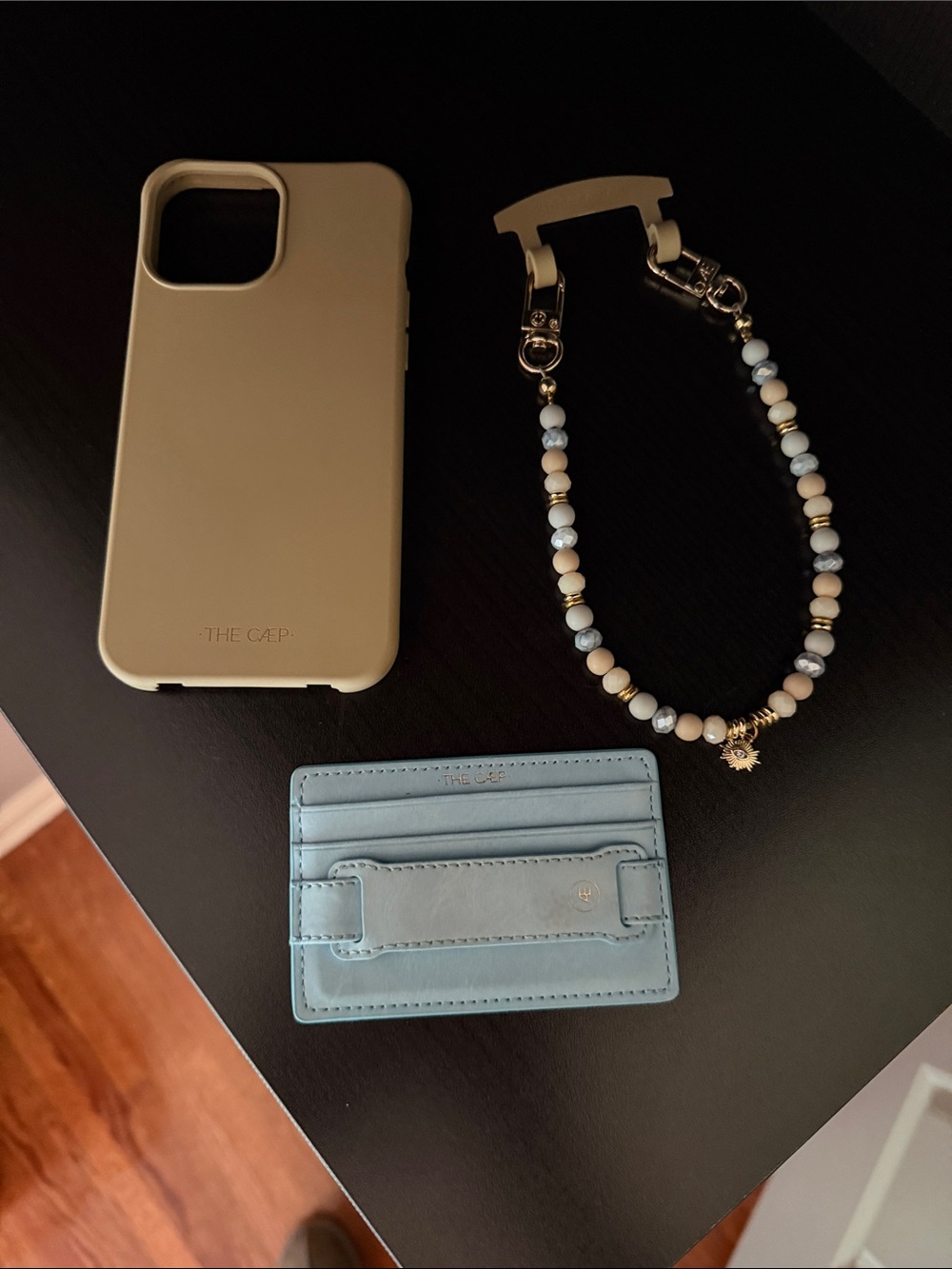 CAEP Beige iPhone 13 Pro Max Case with Light Blue Card Holder and Beaded Strap